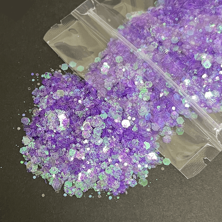 Shunky glitter iridiscente grueso, 15g, MORADO reflejos verde.  1