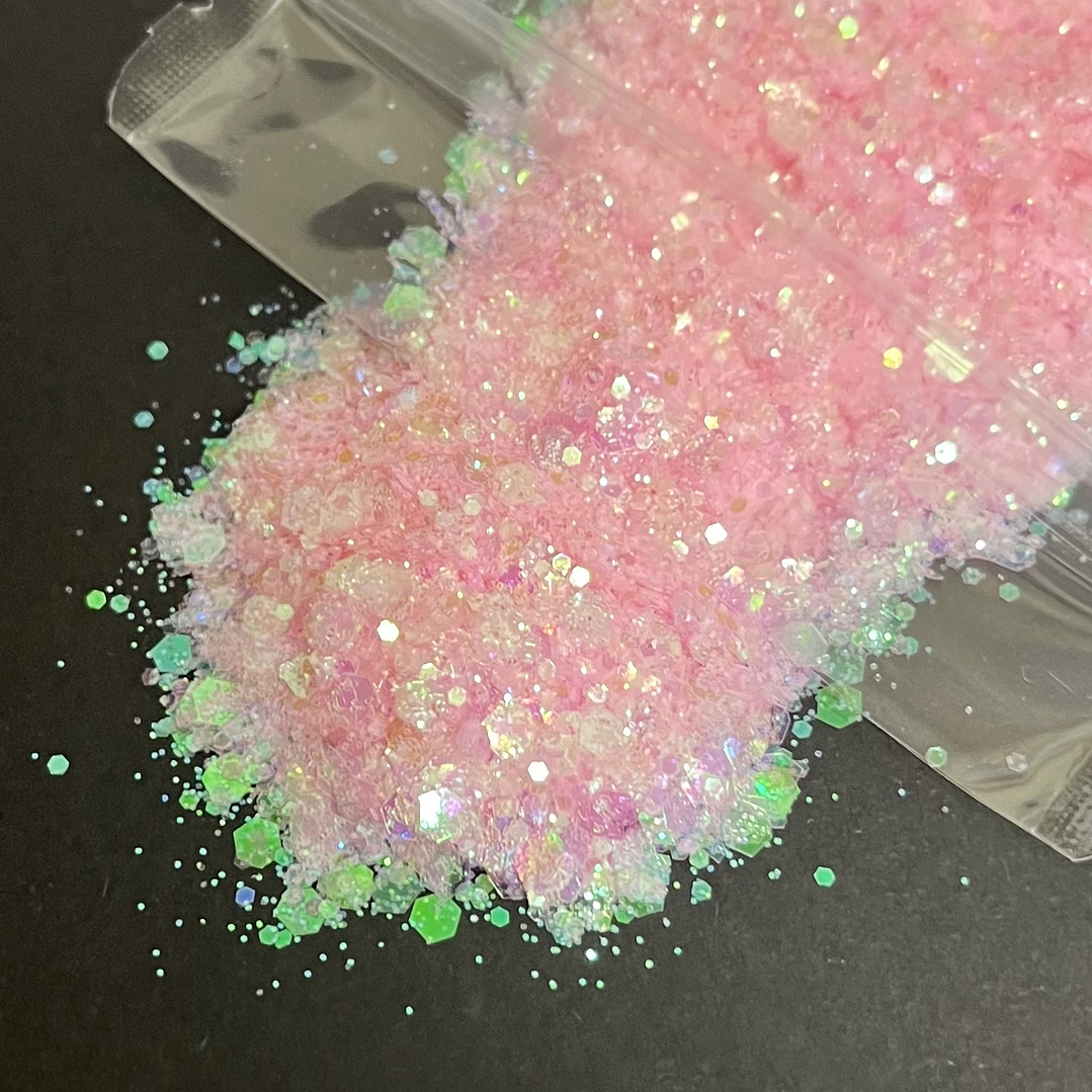 Shunky glitter iridiscente grueso, 15g, ROSADO reflejos verde.  1