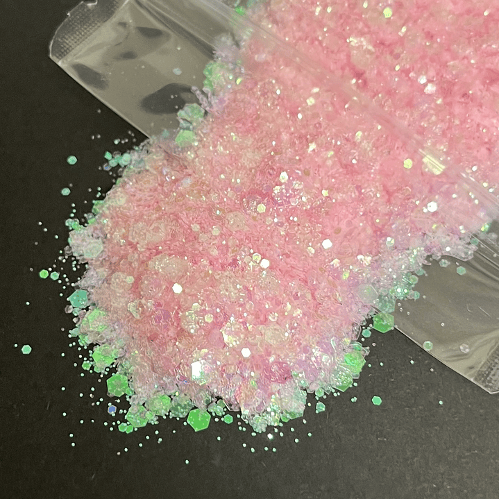 Shunky glitter iridiscente grueso, 15g, ROSADO reflejos verde.  1