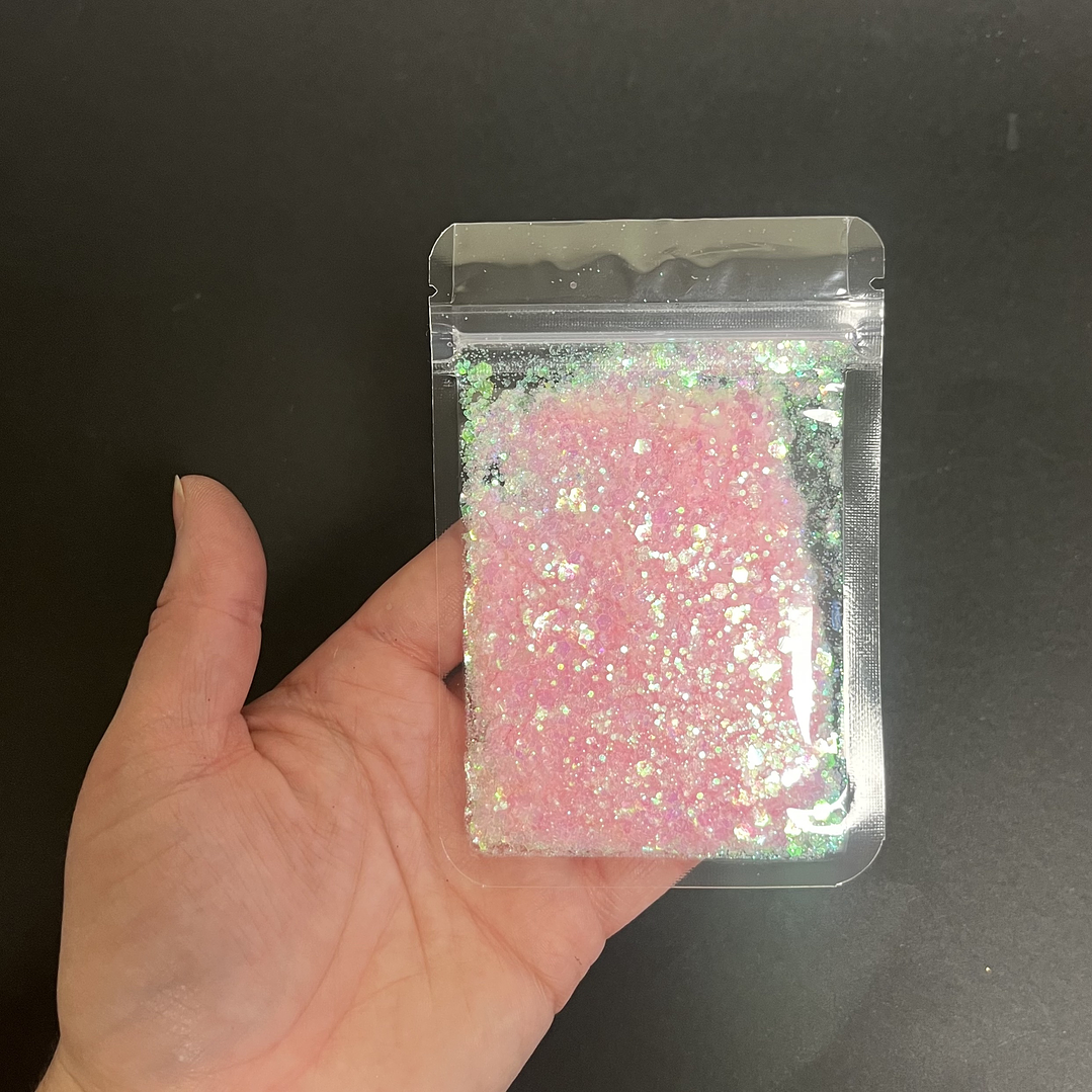 Shunky glitter iridiscente grueso, 15g, ROSADO reflejos verde.  2