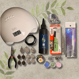 Kit inicial RESINA UV 200g con CAMAFEOS metálicos, flores, etc..