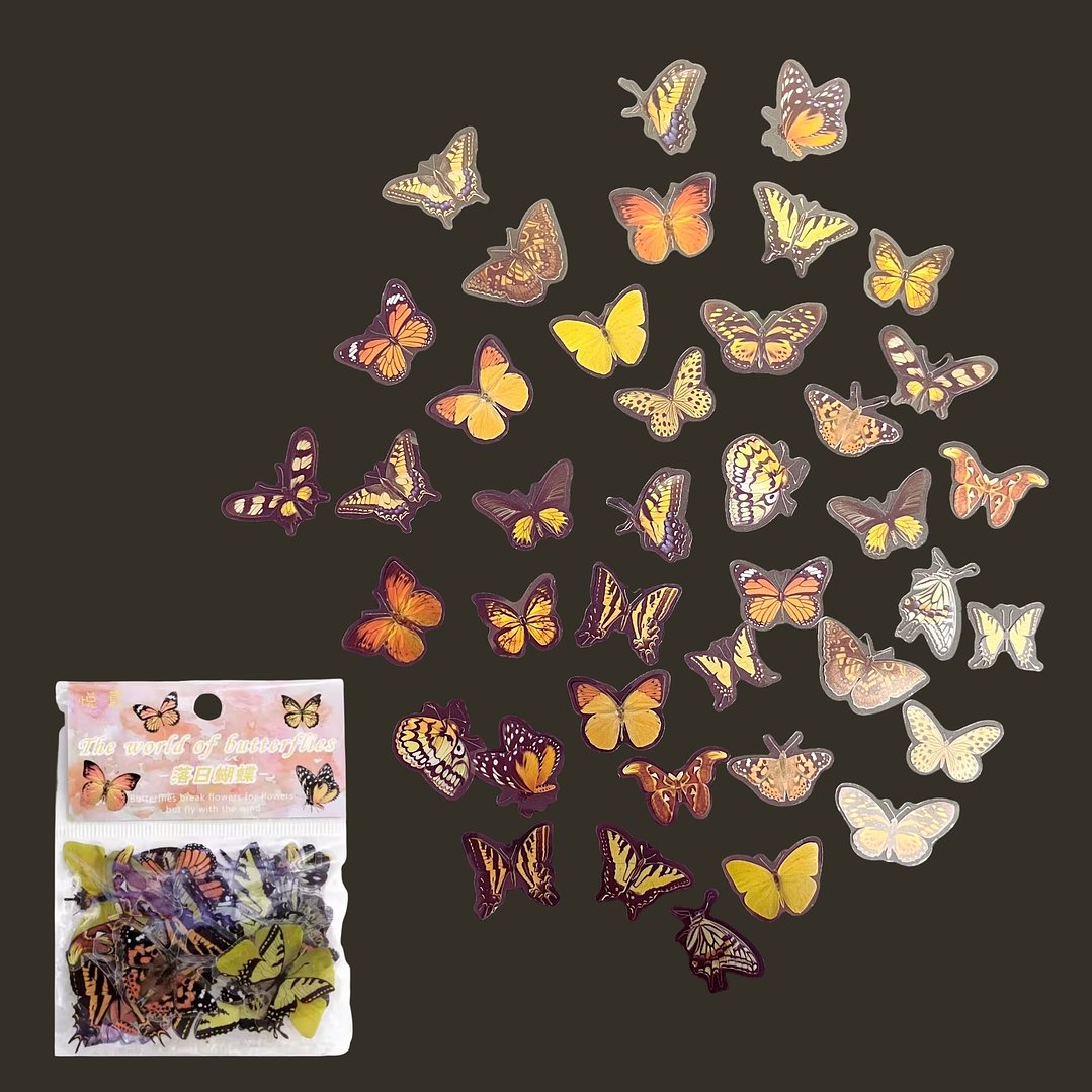 Mariposas adhesivas 40pcs, tonos CÁLIDOS, fondo transparente.  1