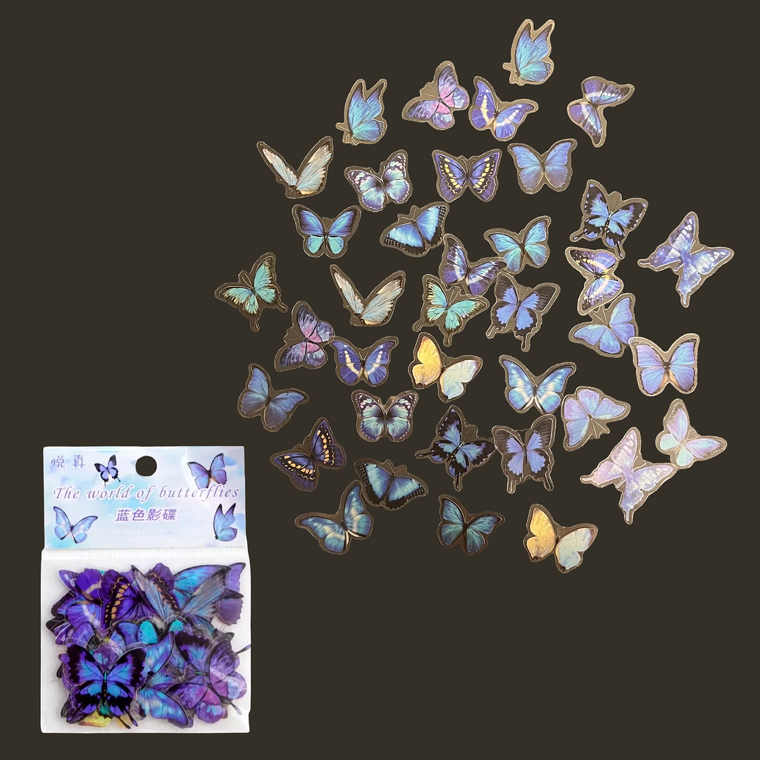 Mariposas adhesivas 40pcs, tonos FRÍOS, fondo transparente.  1