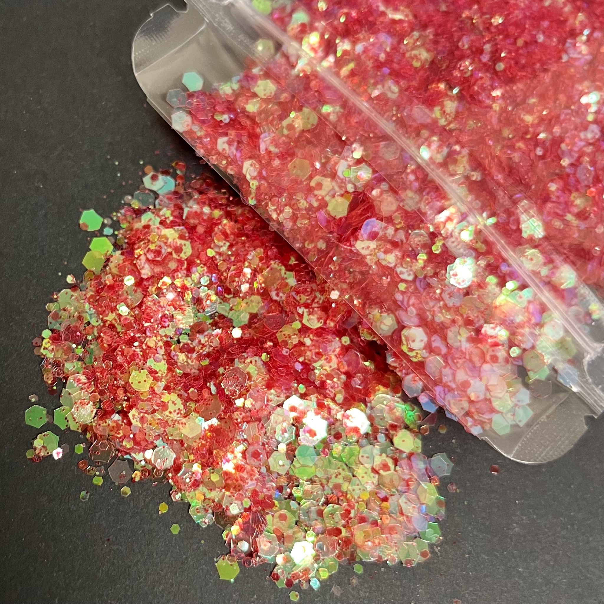 Shunky Shunky glitter iridiscente grueso, 15g, ROJO reflejos verde.