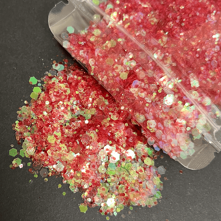 Shunky glitter iridiscente grueso, 15g, ROJO reflejos verde.  1