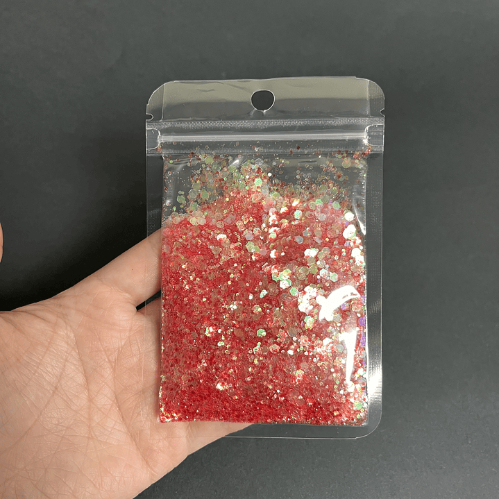 Shunky glitter iridiscente grueso, 15g, ROJO reflejos verde.  2