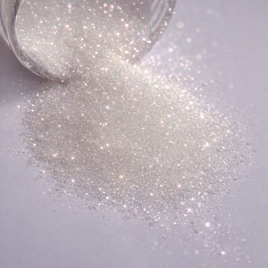 Glitter fino BLANCO iridiscente, destellos rosados, 10g. 1