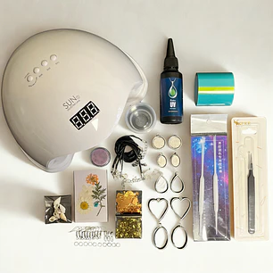 Kit inicial con RESINA UV 50g biseles-camafeos, cinta, herramientas etc...