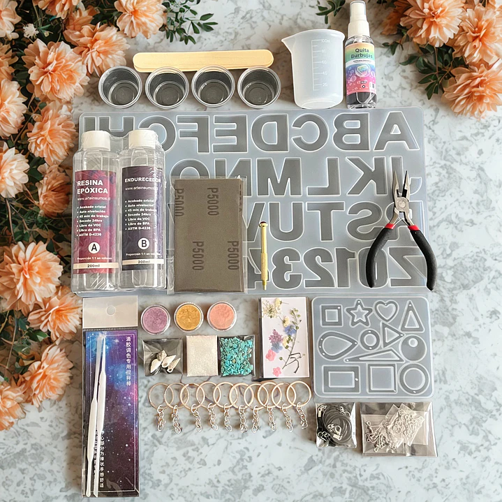 Kit inicial 80pcs, con resina epóxica 400ml, quita burbujas, lijas, moldes, etc. 1