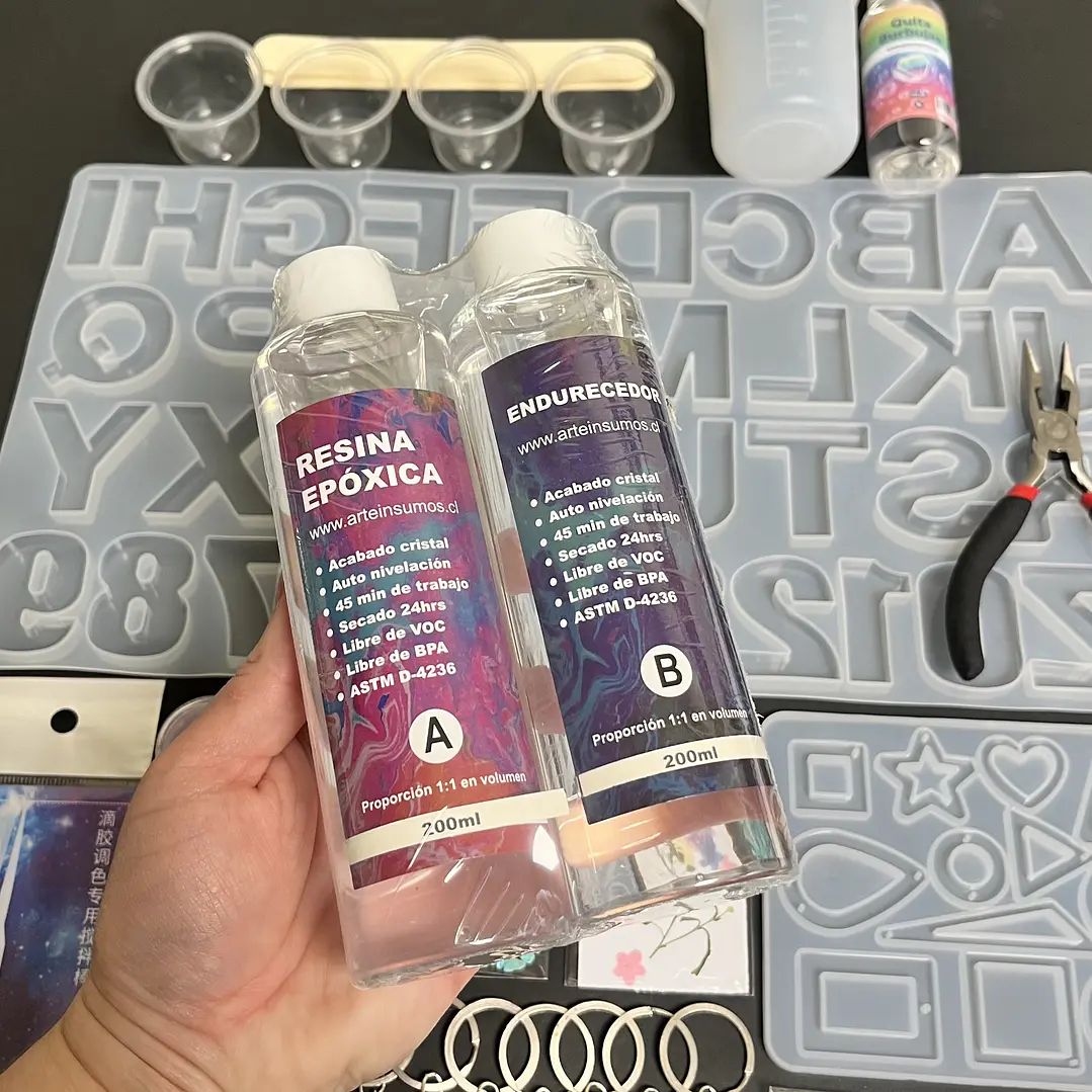 Kit inicial 80pcs, con resina epóxica 400ml, quita burbujas, lijas, moldes, etc. 2