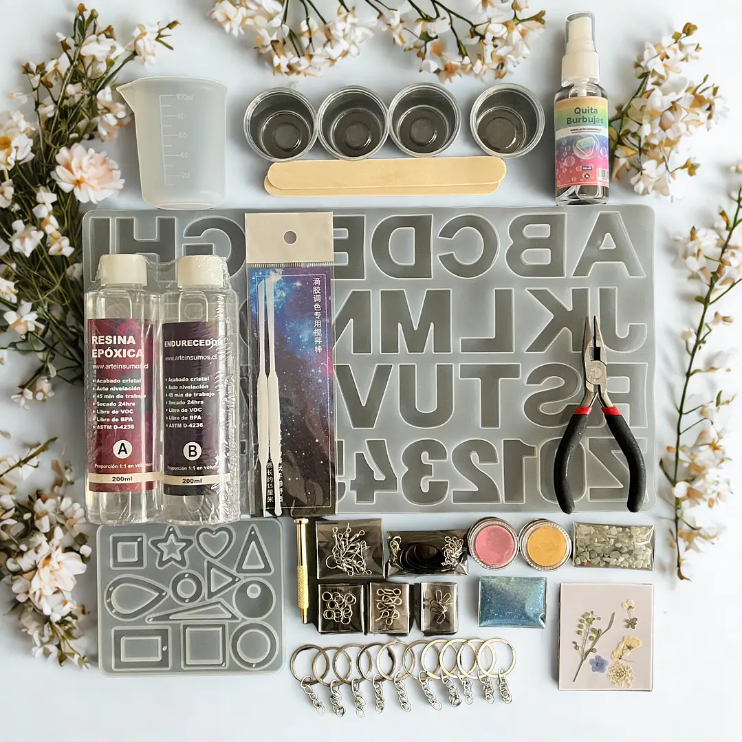 Kit inicial 70pcs, con resina epóxica 400ml, quita burbujas, moldes, alicate, etc. 1