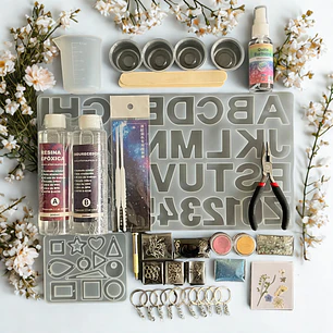 Kit inicial 70pcs, con resina epóxica 400ml, quita burbujas, moldes, alicate, etc.