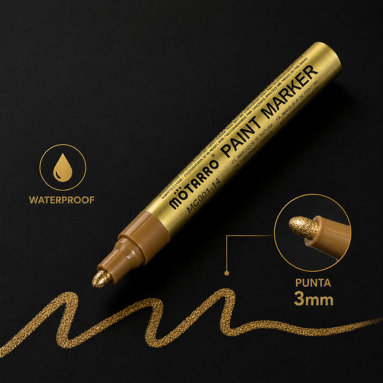 Marcador metalizado DORADO 3.0mm, waterproof, plástico, metal, madera, etc.