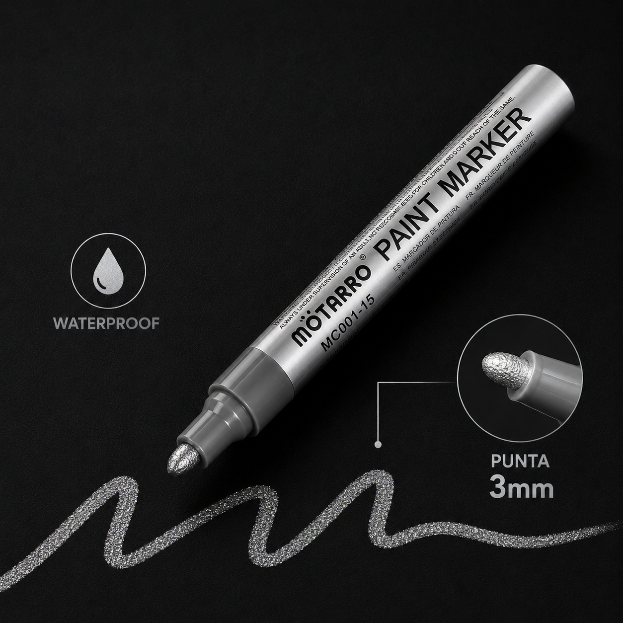 Marcador metalizado PLATEADO 3.0mm, waterproof, plástico, metal, madera, etc.