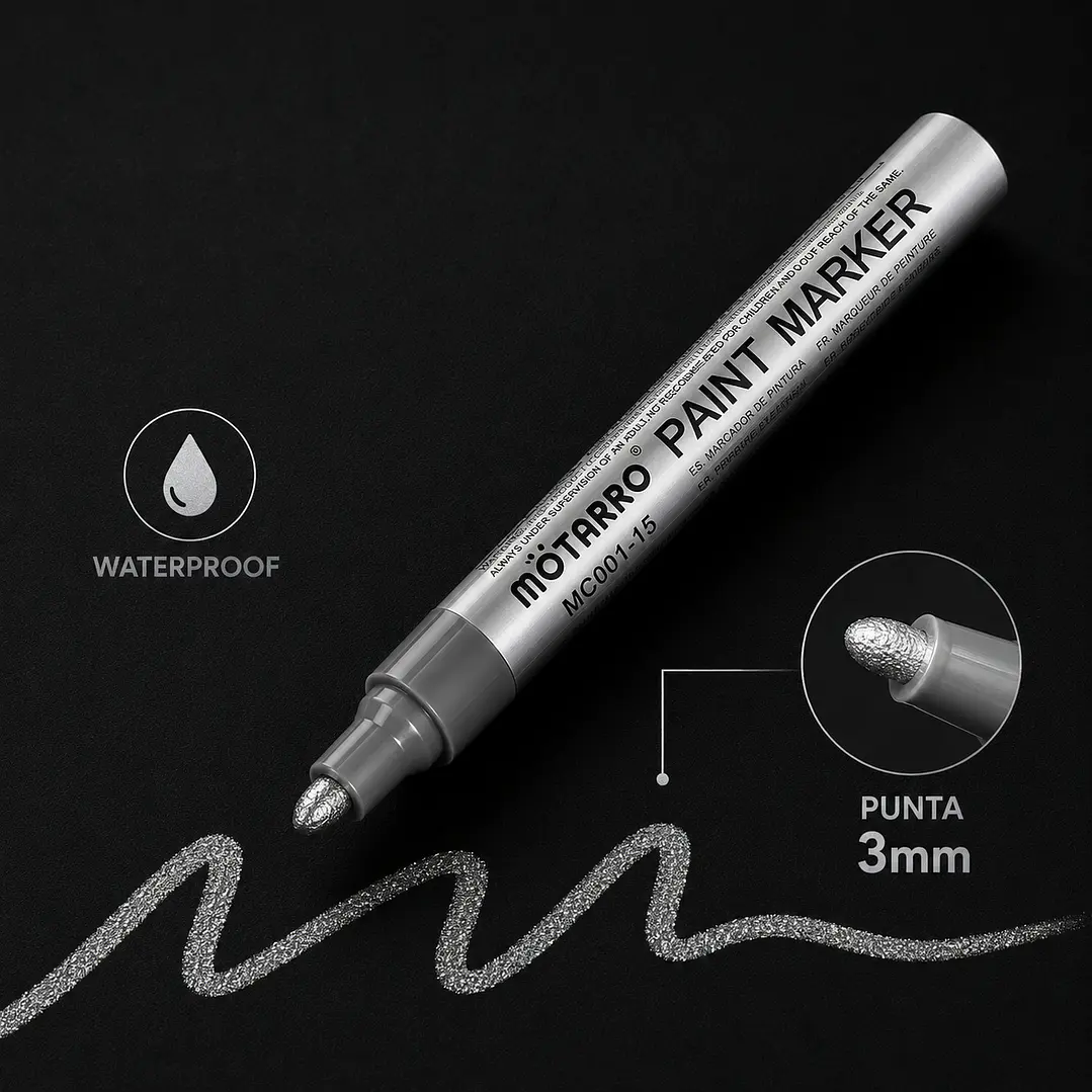 Marcador metalizado PLATEADO 3.0mm, waterproof, plástico, metal, madera, etc. 1
