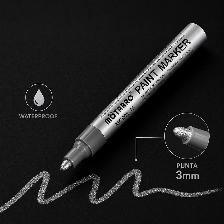Marcador metalizado PLATEADO 3.0mm, waterproof, plástico, metal, madera, etc. 1