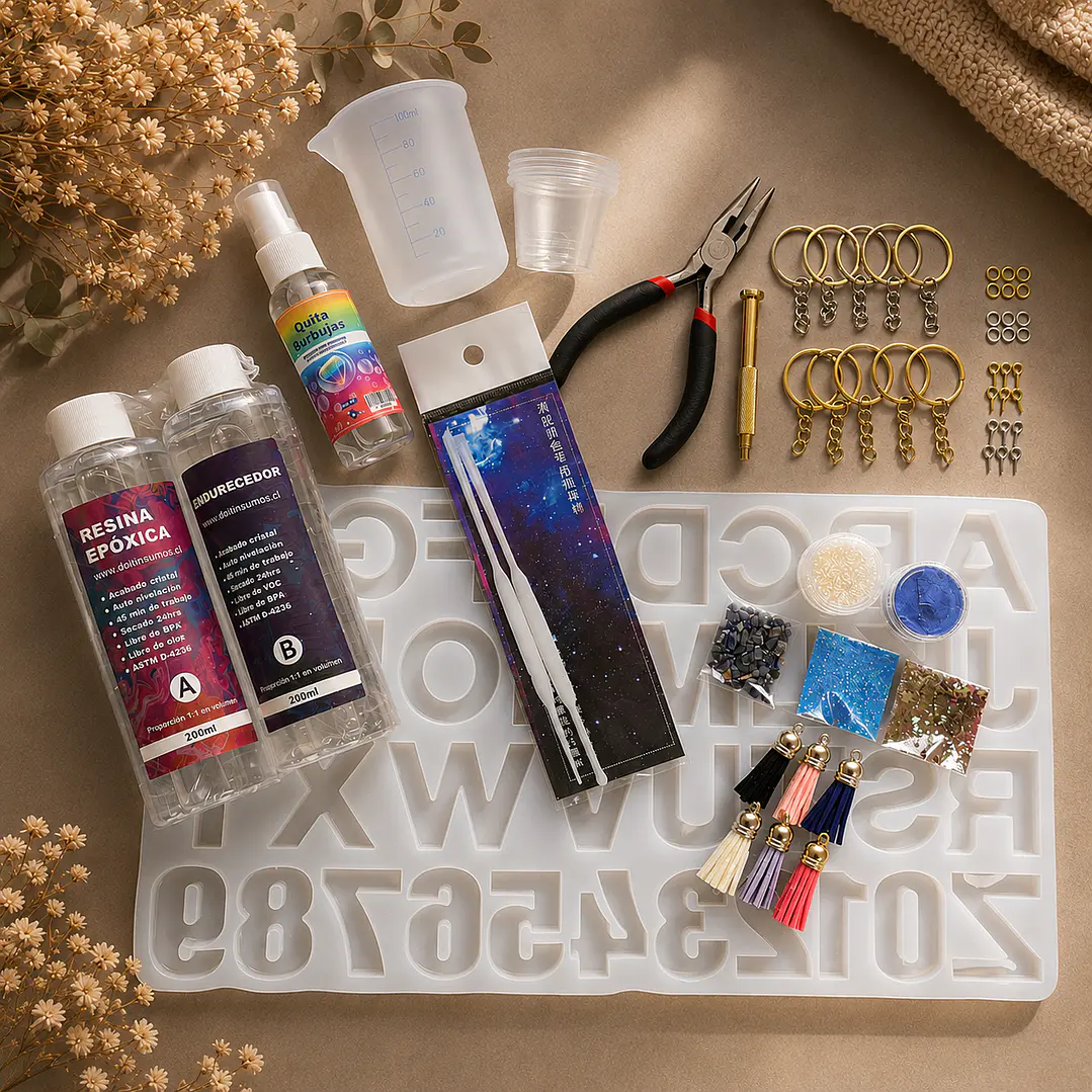 Kit inicial para Llaveros con resina epóxica 400ml, 58pcs.  1