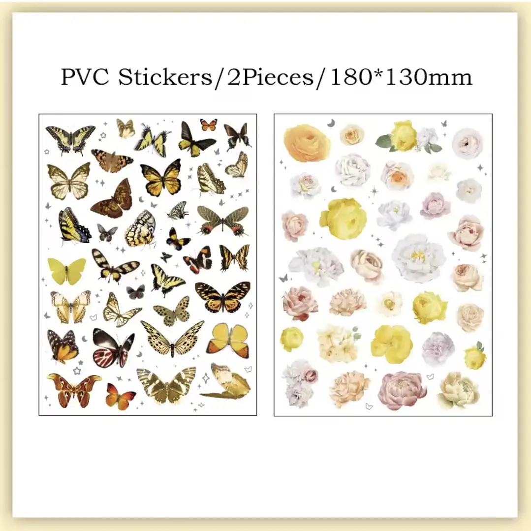 Stickers MARIPOSAS CÁLIDAS + Flores, fondo transparente, 2 láminas. 2