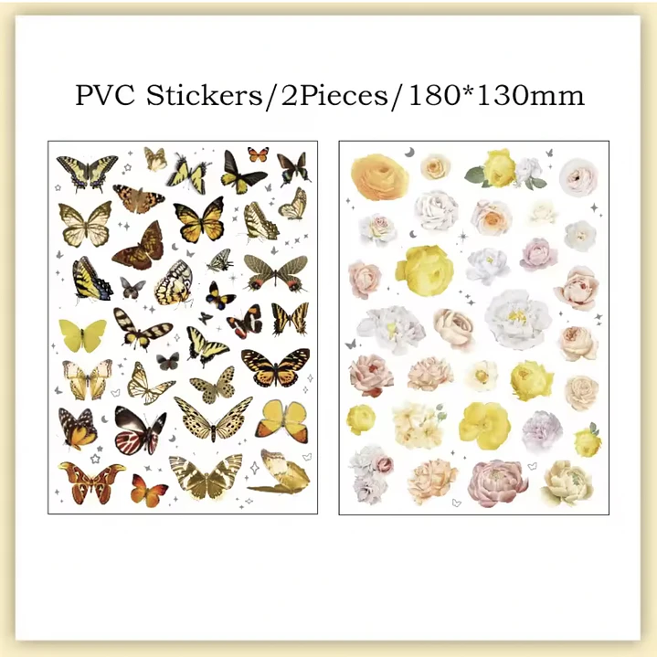 Stickers MARIPOSAS CÁLIDAS + Flores, fondo transparente, 2 láminas. 2