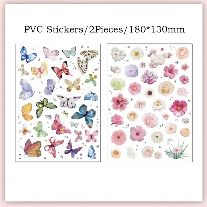 Stickers MARIPOSAS MULTICOLOR + Flores, fondo transparente, 2PCS. 2