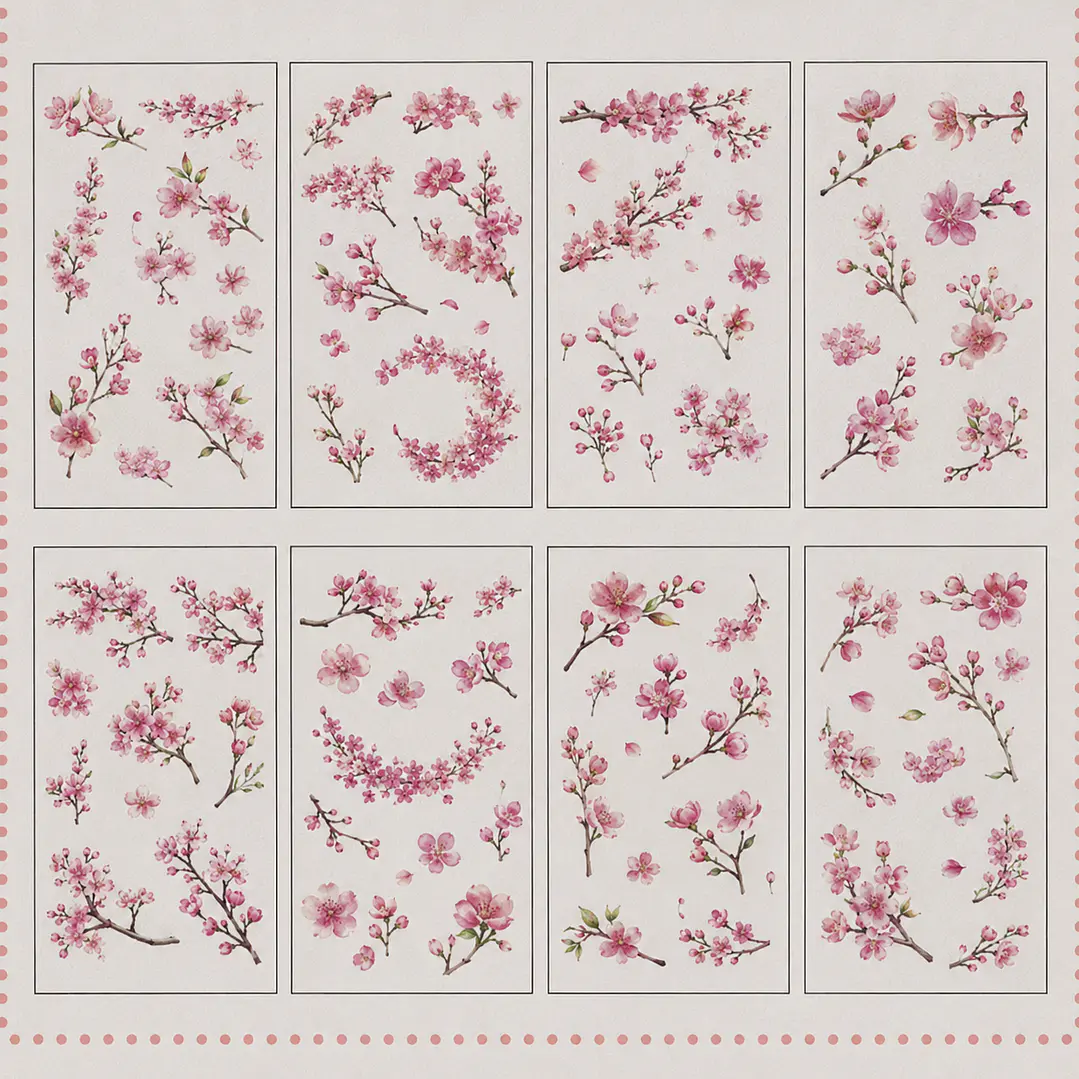 Stickers RAMAS FLOR CEREZO, fondo transparente, 6 láminas. 2