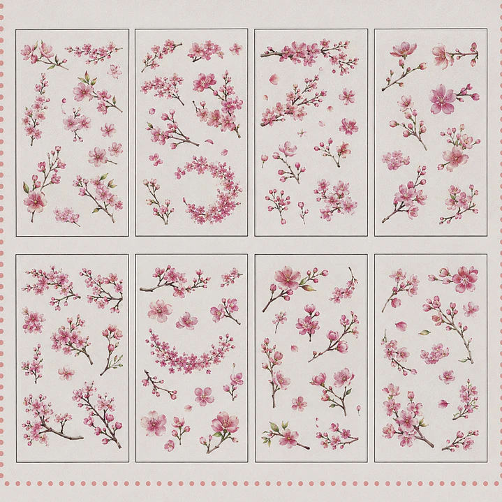 Stickers RAMAS FLOR CEREZO, fondo transparente, 6 láminas. 2