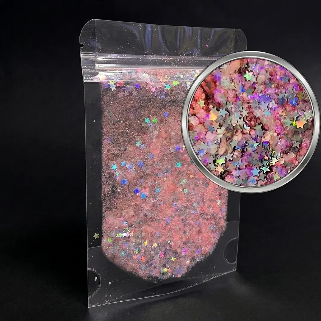 Shunky glitter/ lentejuelas ROSA STAR, 10g, rosado pastel holográfico. 1