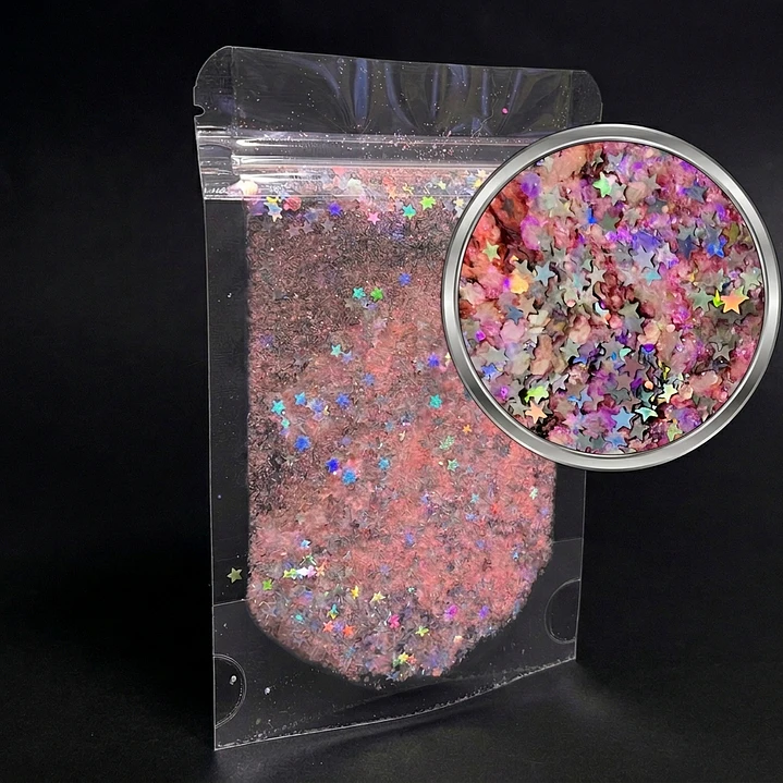 Shunky glitter/ lentejuelas ROSA STAR, 10g, rosado pastel holográfico. 1