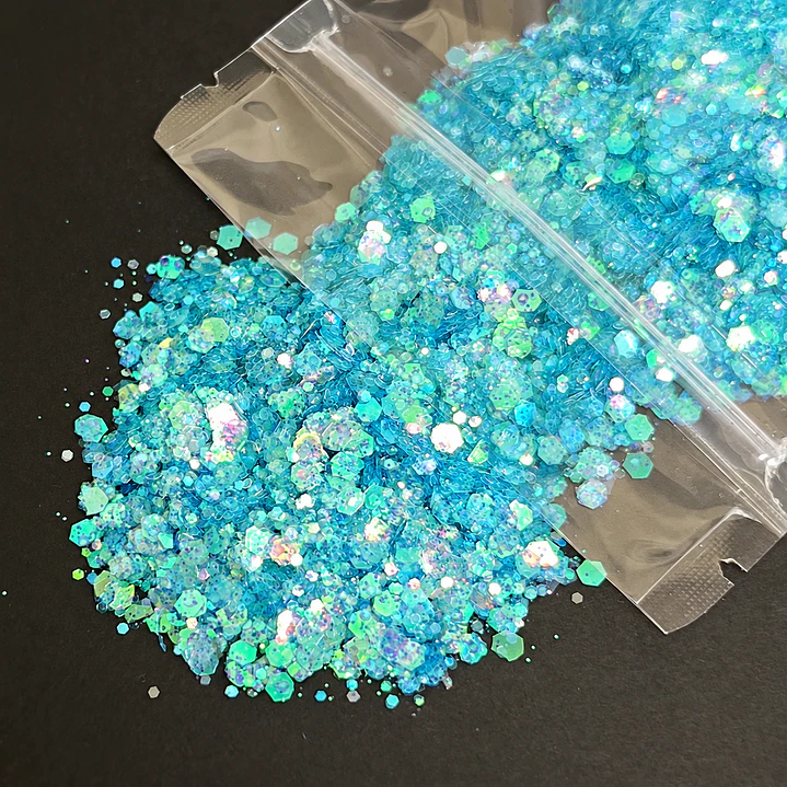 Shunky glitter iridiscente grueso, 15g, TURQUESA reflejos verde.  1