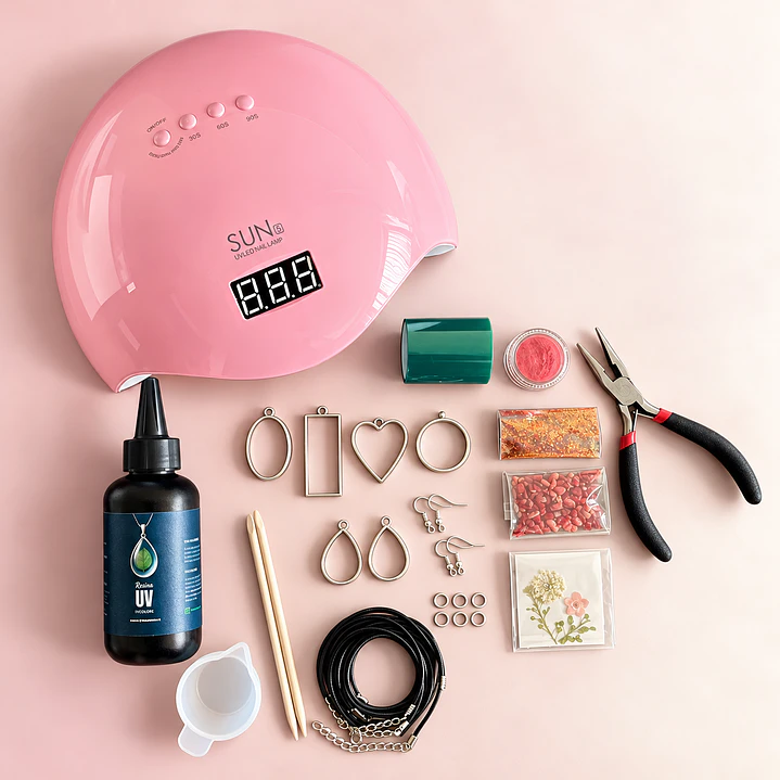 Kit inicial resina UV 100g, biseles, cinta PET, decoraciones, etc. 1