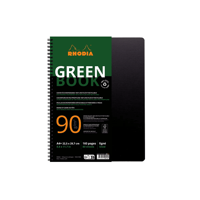 Quaderno Rhodia Greenbook A5+ Riciclato - 160 Pagine A Quadretti, Carta Clairefontaine 90g