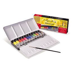 Set Acuarela - Caja de metal 12 tubos 10 ml + 1 pincel  