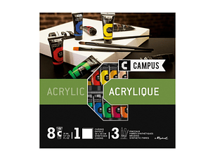 Kit de Acrílicos Campus Fine con Lienzo Listo para Pintar, 8 Tubos (21 ml) + 3 Pinceles