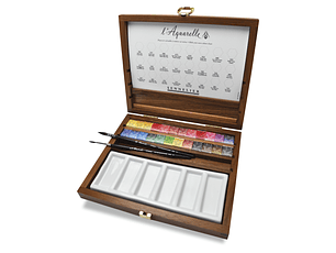 Set Acuerela - caja de lujo 24 medias pastillas, con 2 pinceles y una paleta de porcelana