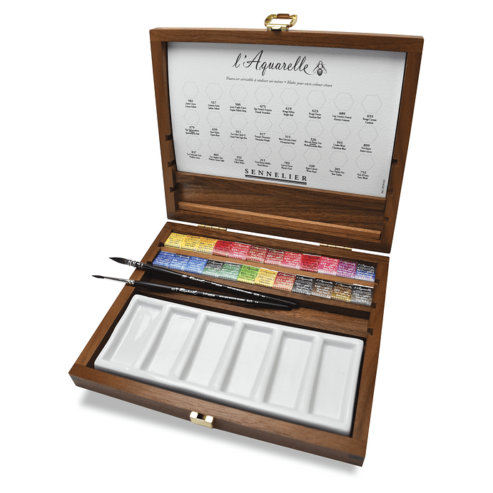 Set Acuerela - caja de lujo 24 medias pastillas, con 2 pinceles y una paleta de porcelana 1