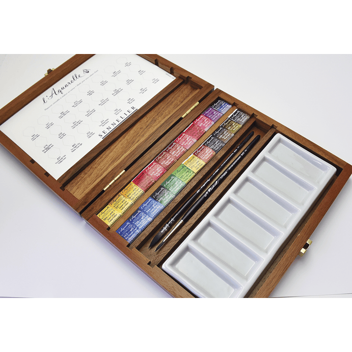 Set Acuerela - caja de lujo 24 medias pastillas, con 2 pinceles y una paleta de porcelana 2