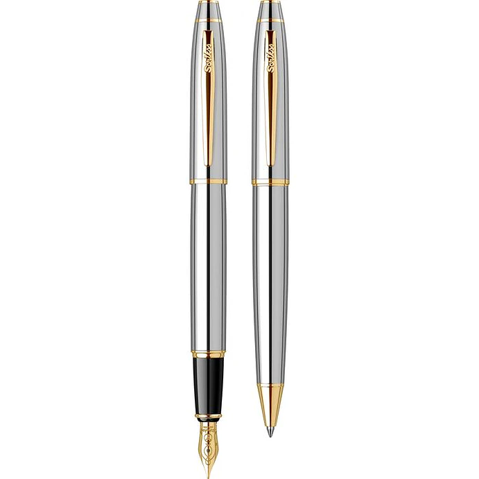 Juego de pluma estilográfica y bolígrafo Noble 35, plumín M, cromo dorado. 1