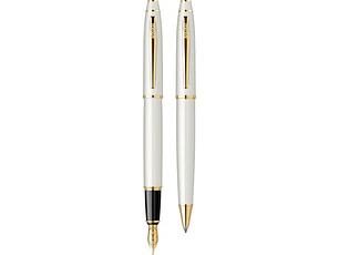 Juego de pluma estilográfica y bolígrafo Noble 35, plumín tamaño M, color oro blanco.