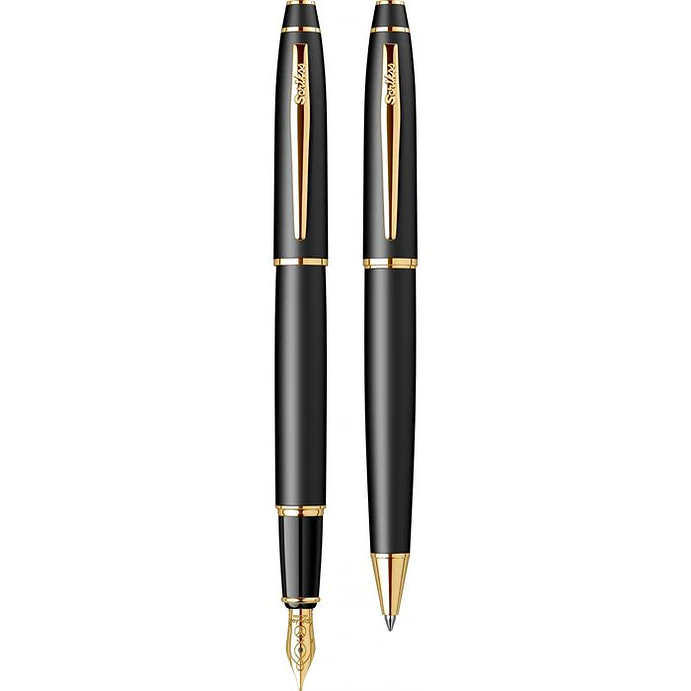 Juego de pluma estilográfica y bolígrafo Noble 35, plumín M, negro mate y dorado. 1