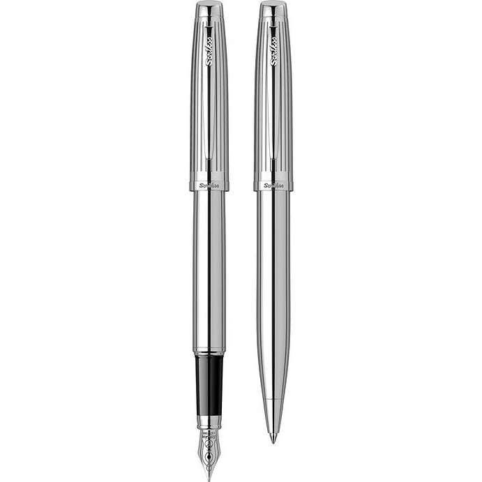 Juego de pluma estilográfica y bolígrafo Oscar 39, plumín M, cromado. 1