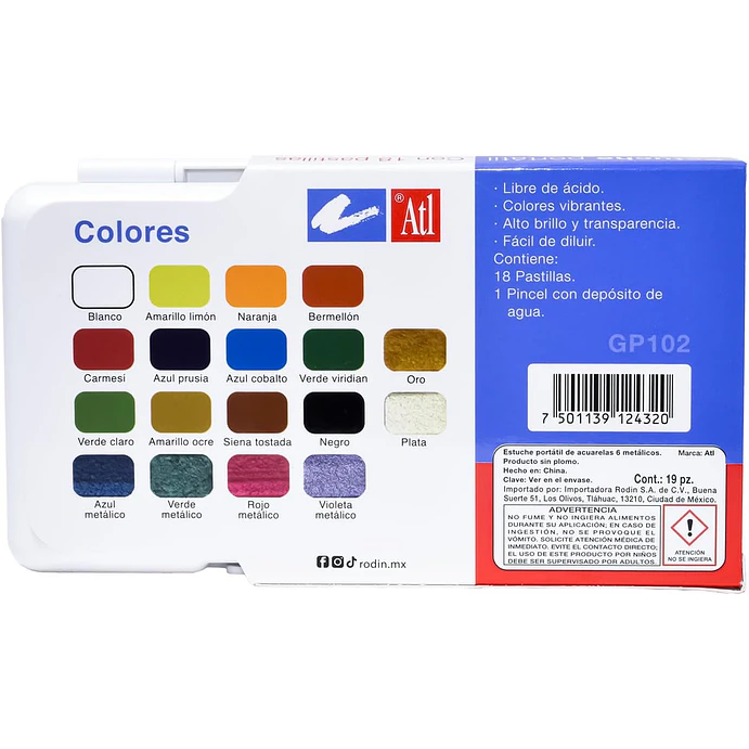 Set Con 18 Pastillas Acuarela Portatil Atl Colores Basicos + 6 Metalicos+ 1 Pincel 2