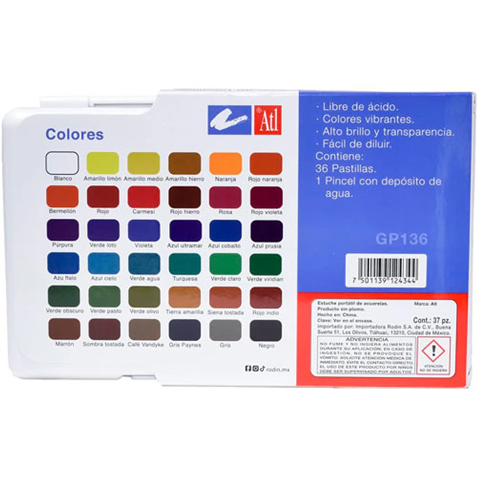 Set Con 36 Pastillas de Acuarela Portatil ATL + Pincel 3