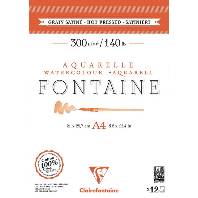 Block Acuarela Clairefontaine Fontaine A4 300 g 100% Algodón Hot Pressed – 12 Hojas