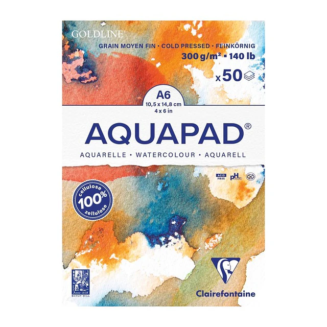 Block Acuarela Clairefontaine Aquapad Goldline A6 300 g Cold Pressed – 50 Hojas