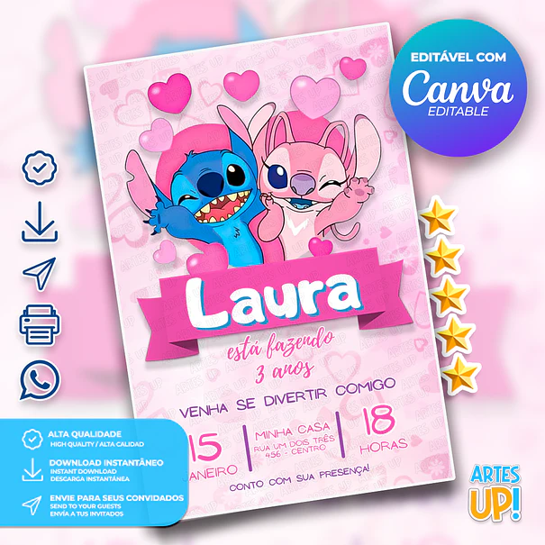 Invitación de cumpleaños de Stitch y Ángel 1