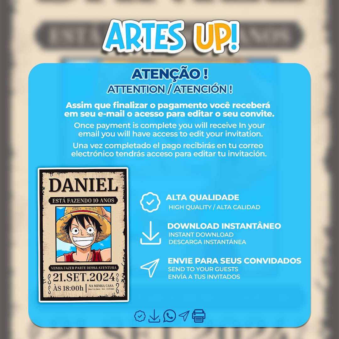 Convite de Aniversário One Piece Wanted 2
