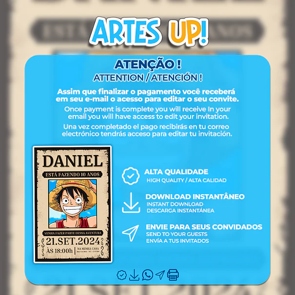 Convite de Aniversário One Piece Wanted 2