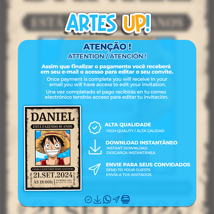 Convite de Aniversário One Piece Wanted 2