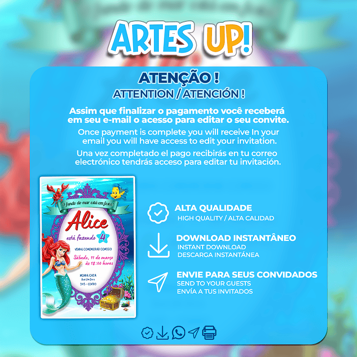 Convite de Aniversário Ariel, a Pequena Sereia 2