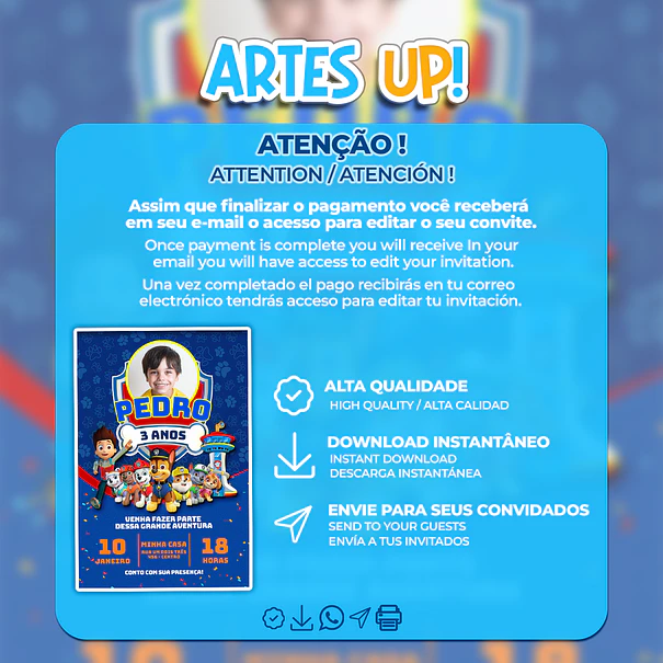 Convite de Aniversário Patrulha Canina com Foto  2